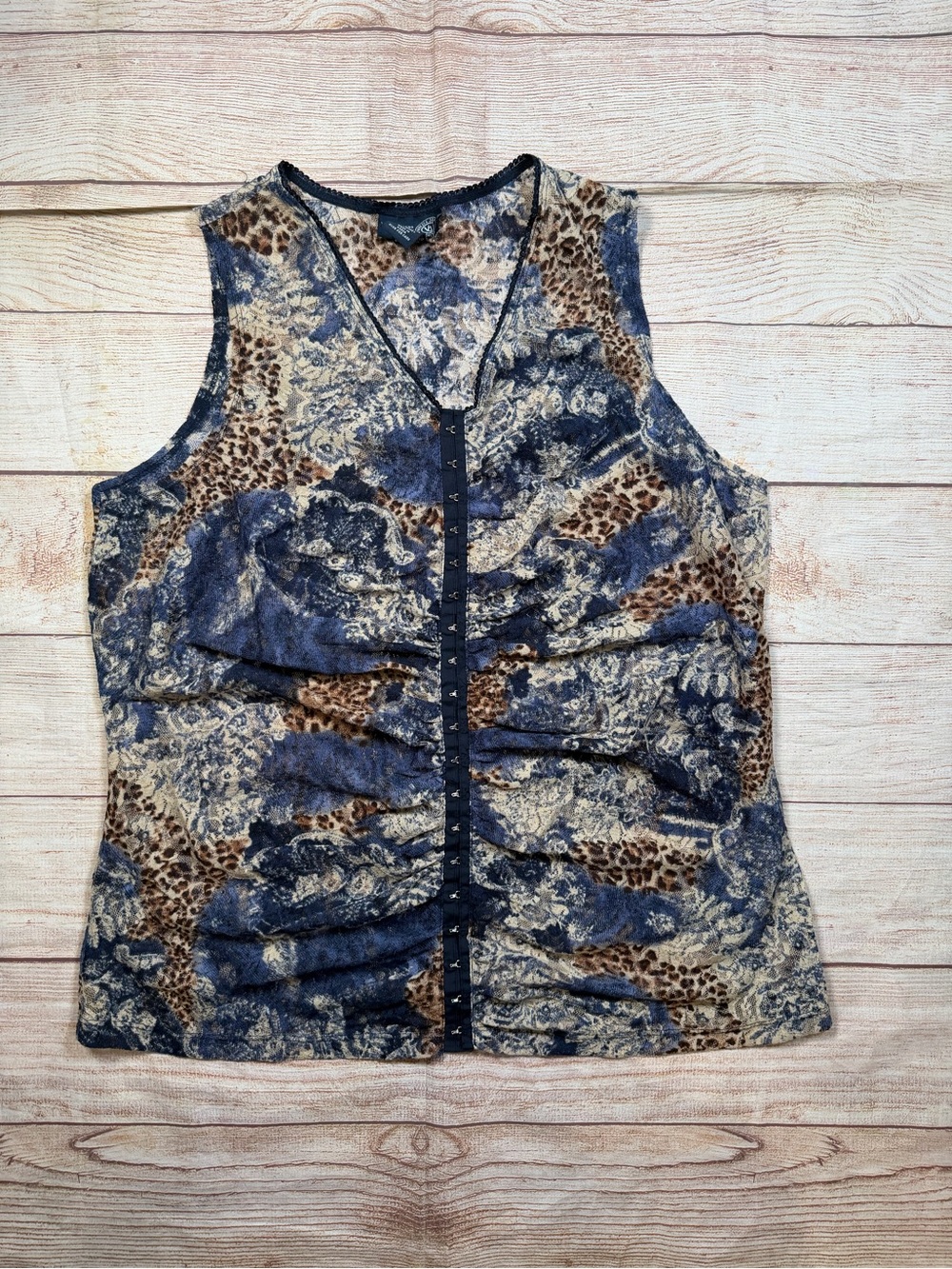 Sleeveless Navy and Brown Animal Print Button-Front Sheer Layering Top